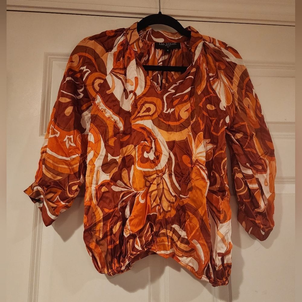 Liz Logie satin Feel orange and white blouse 70s Style Size 6